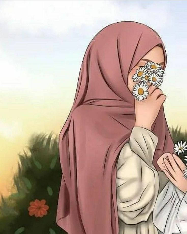 Hijab Cartoon White Flowers Wallpaper